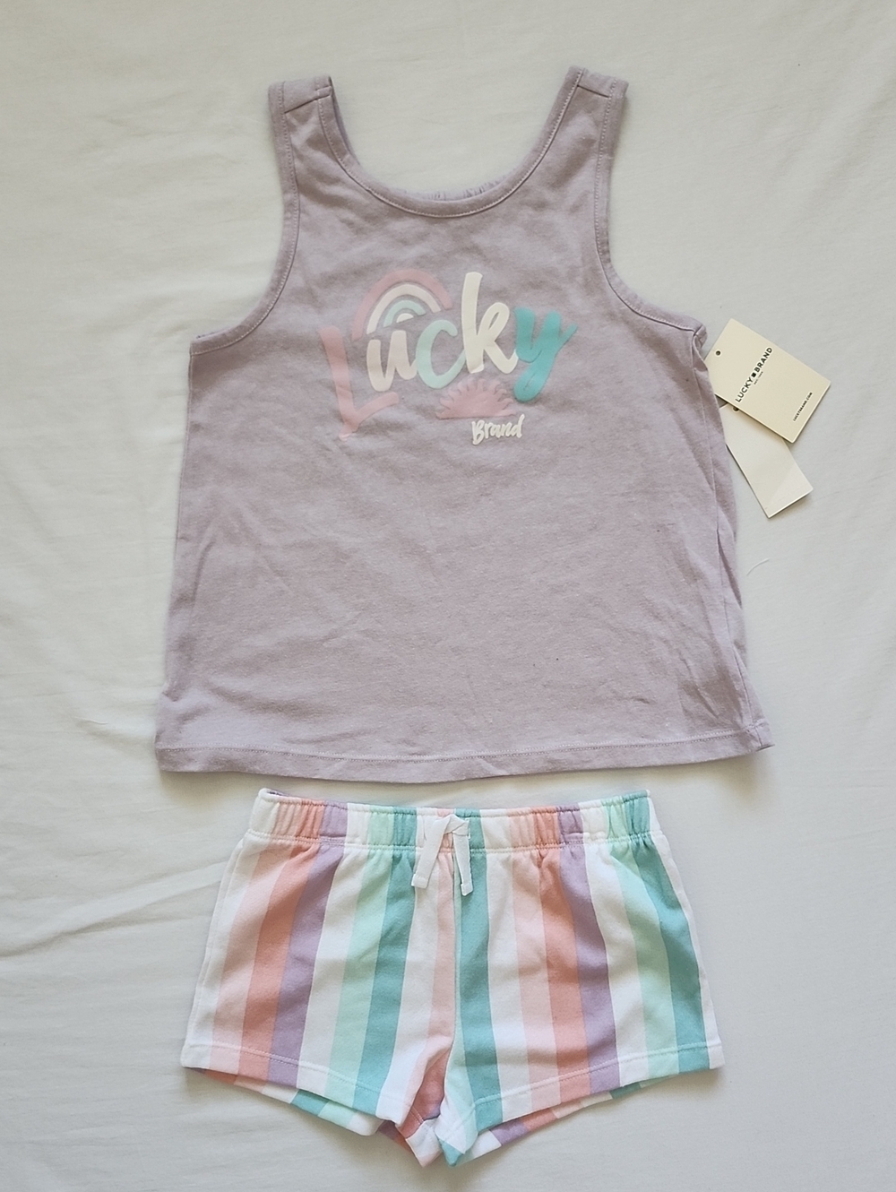 NWT Lucky Brand Kids Girl Tank Top & Pastel Stripe Shorts Set Size 5